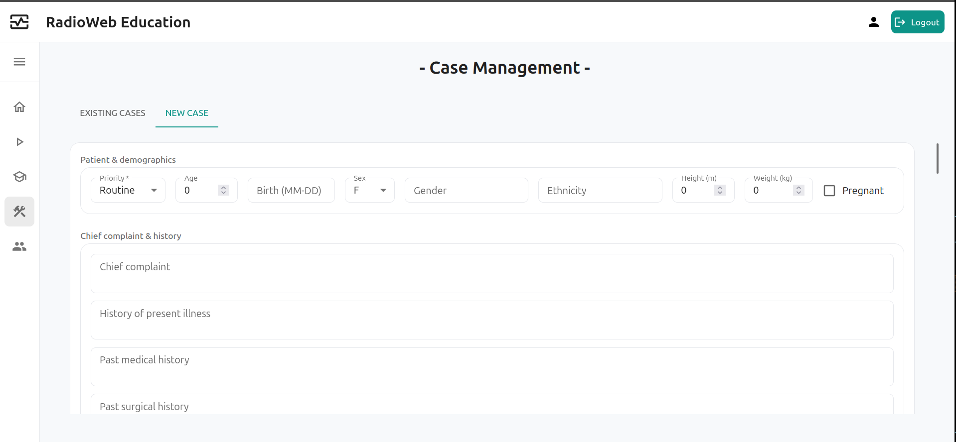 New case tab in case management